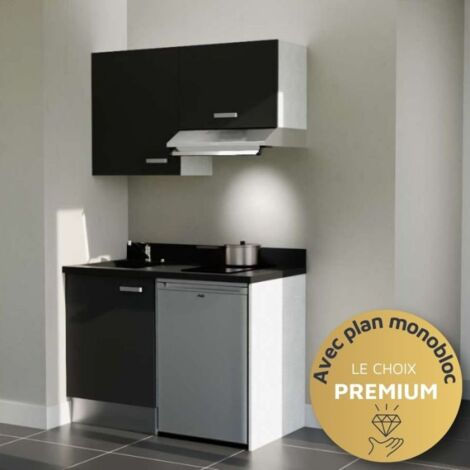 Kitchenette K01L - 120 cm - emplacements frigo top et hotte-Noir-Nero-évier à gauche