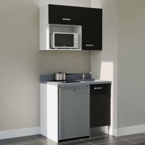 Kitchenette K00L - 100 cm - emplacements frigo top et micro-ondes-Noir-Cromo-évier à droite