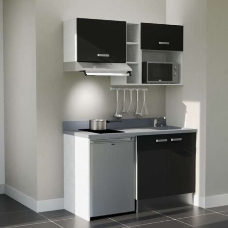 Kitchenette K13L - 140 cm - emplacements frigo, hotte et micro-ondes-Noir-Cromo-évier à droite
