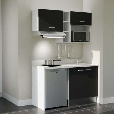 Kitchenette K13L - 140 cm - emplacements frigo, hotte et micro-ondes-Noir-Snova-évier à droite