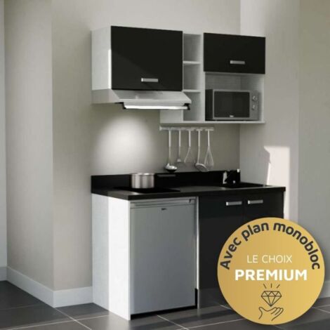 Kitchenette K13L - 140 cm - emplacements frigo, hotte et micro-ondes-Noir-Nero-évier à droite