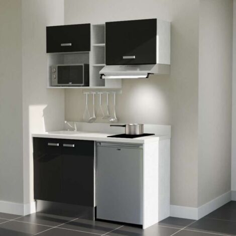 Kitchenette K13L - 140 cm - emplacements frigo, hotte et micro-ondes-Noir-Snova-évier à gauche