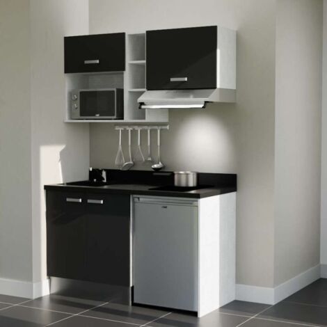 Kitchenette K13L - 140 cm - emplacements frigo, hotte et micro-ondes-Noir-Nero-évier à gauche