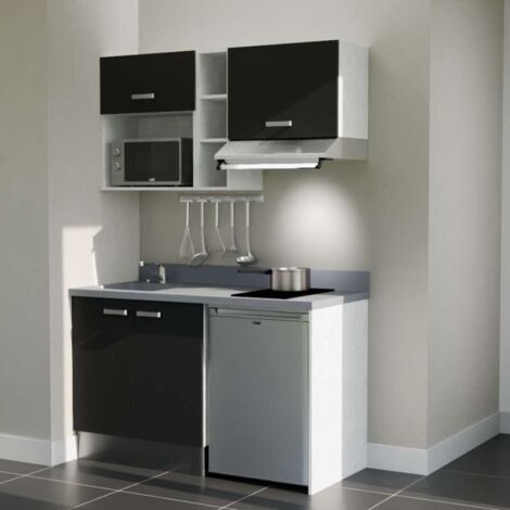 Kitchenette K13L - 140 cm - emplacements frigo, hotte et micro-ondes-Noir-Cromo-évier à gauche