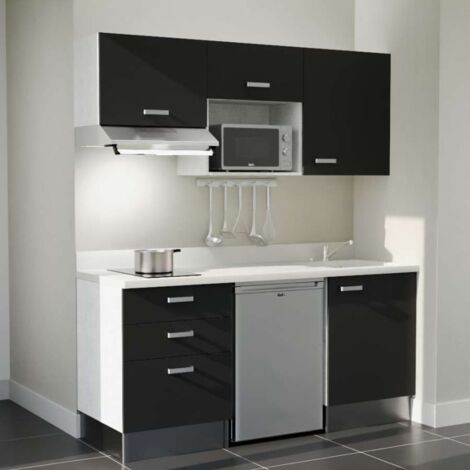 Kitchenette K20L - 180 cm - emplacements frigo, micro-ondes et hotte-Noir-Snova-évier à droite