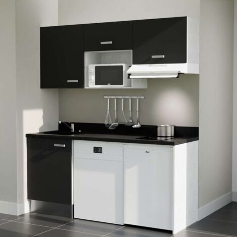 Kitchenette K55L - 180 cm - emplacements hotte, micro-ondes, frigo et lave-vaisselle-Noir-Nero-évier à gauche