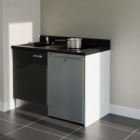 Kitchenette K08L - 120 cm avec plan monobloc et emplacement frigo top-Noir-Nero-évier à gauche