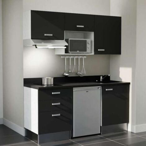 Kitchenette K20L - 180 cm - emplacements frigo, micro-ondes et hotte-Noir-Nero-évier à droite