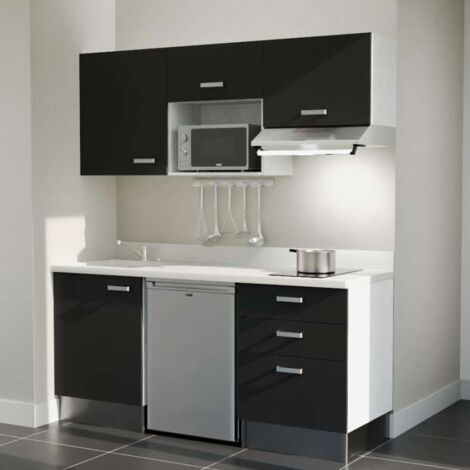Kitchenette K20L - 180 cm - emplacements frigo, micro-ondes et hotte-Noir-Snova-évier à gauche