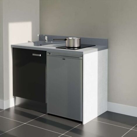 Kitchenette K08L - 120 cm avec plan monobloc et emplacement frigo top-Noir-Cromo-évier à gauche