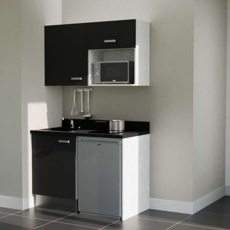 Kitchenette K07L - 120 cm - emplacements frigo top et micro-ondes-Noir-Nero-évier à gauche
