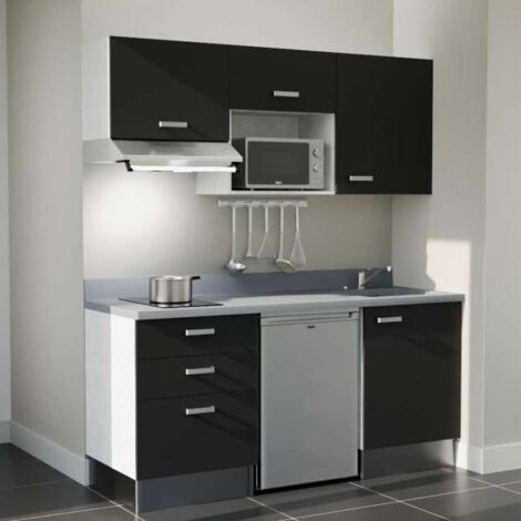 Kitchenette K20L - 180 cm - emplacements frigo, micro-ondes et hotte-Noir-Cromo-évier à droite