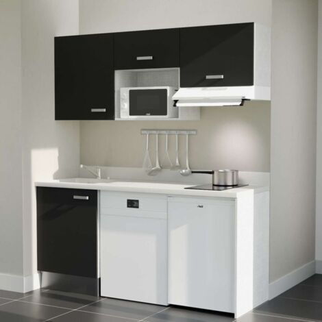 Kitchenette K55L - 180 cm - emplacements hotte, micro-ondes, frigo et lave-vaisselle-Noir-Snova-évier à gauche