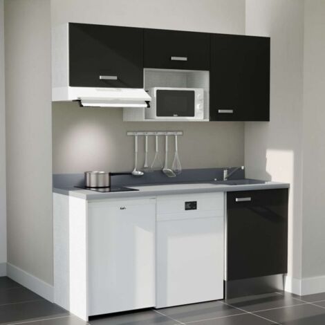 Kitchenette K55L - 180 cm - emplacements hotte, micro-ondes, frigo et lave-vaisselle-Noir-Cromo-évier à droite