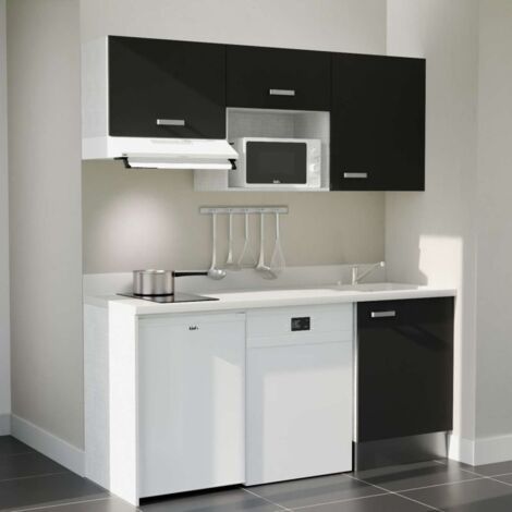 Kitchenette K55L - 180 cm - emplacements hotte, micro-ondes, frigo et lave-vaisselle-Noir-Snova-évier à droite