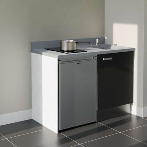 Kitchenette K08L - 120 cm avec plan monobloc et emplacement frigo top-Noir-Cromo-évier à droite