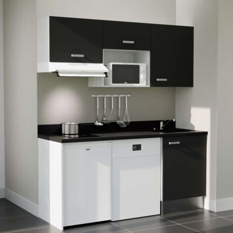 Kitchenette K55L - 180 cm - emplacements hotte, micro-ondes, frigo et lave-vaisselle-Noir-Nero-évier à droite