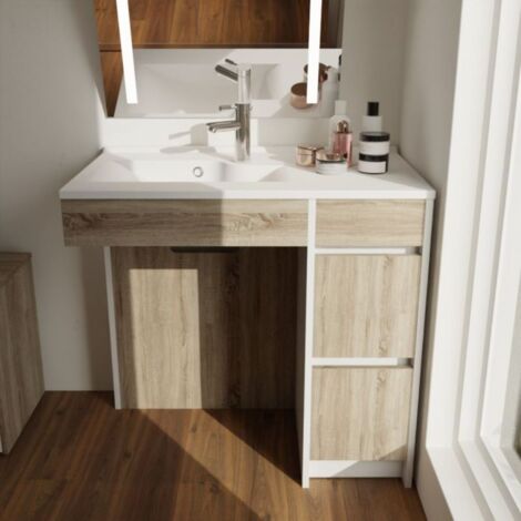 Cuisibane – Meuble salle de bain PMR 90 cm – Vasque à gauche en résine – Corps en panneaux de particules stratifiés – Hauteur adaptée aux PMR