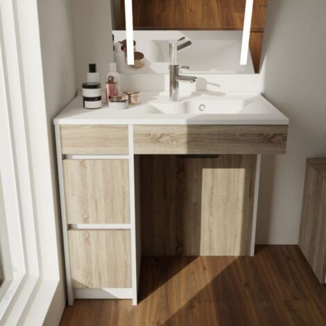Cuisibane – Meuble salle de bain PMR 90 cm – Vasque déportée droite en résine – Corps en panneaux stratifiés – Rangement tiroirs fonctionnels