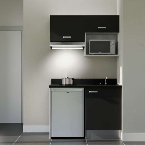 Kitchenette K02L - 120 cm - plan monobloc évier intégré Nero- évier à droite - Façades Noir + Electroménager inclus coloris Inox (1/5)