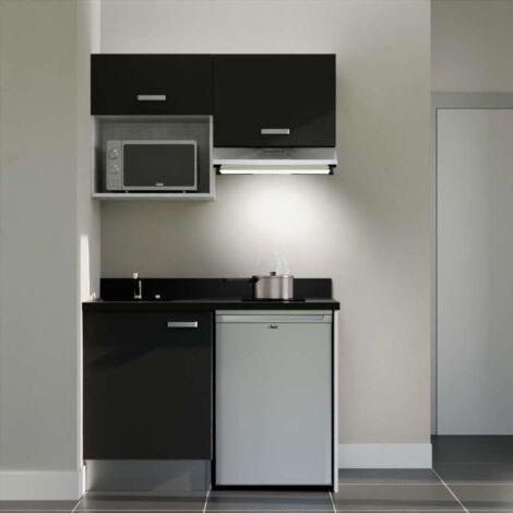 Kitchenette K02L - 120 cm - plan monobloc évier intégré Nero- évier à gauche - Façades Noir + Electroménager inclus coloris Inox (1/5)