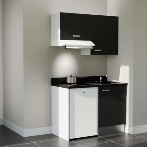 Kitchenette K01L - 120 cm - plan monobloc évier intégré Nero- évier à droite - Façades Noir + Electroménager inclus coloris Blanc