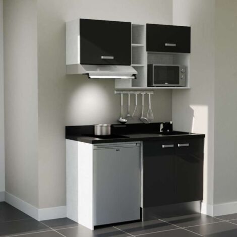 Kitchenette K13L - 140 cm - plan monobloc évier intégré Nero- évier à droite - Façades Noir + Electroménager inclus coloris Inox