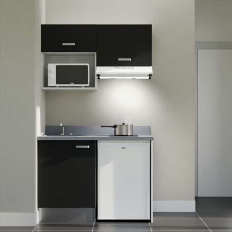 Kitchenette K02L - 120 cm - plan monobloc évier intégré Cromo- évier à gauche - Façades Noir + Electroménager inclus coloris Blanc