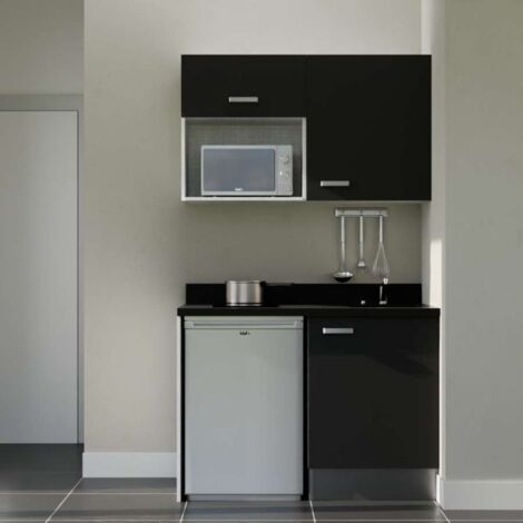 Kitchenette K07L - 120 cm - plan monobloc évier intégré Nero- évier à droite - Façades Noir + Electroménager inclus coloris Inox (1/5)