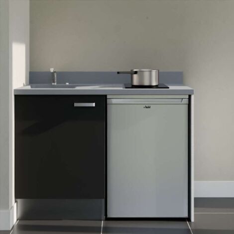 Kitchenette K08L - 120 cm - plan monobloc évier intégré Cromo- évier à gauche - Façades Noir + Electroménager inclus coloris Inox