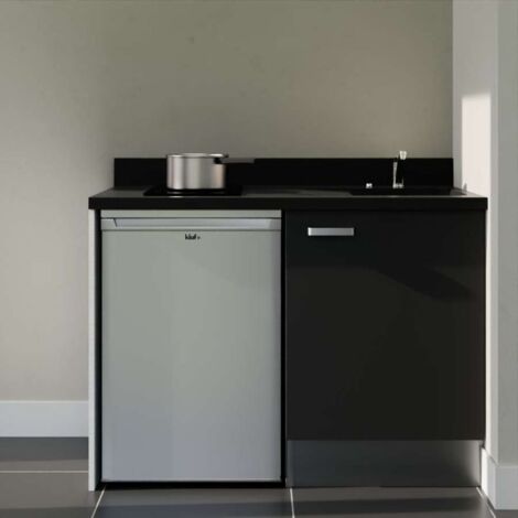 Kitchenette K08L - 120 cm - plan monobloc évier intégré Nero- évier à droite - Façades Noir + Electroménager inclus coloris Inox