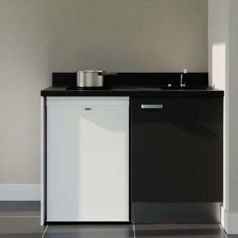 Kitchenette K08L - 120 cm - plan monobloc évier intégré Nero- évier à droite - Façades Noir + Electroménager inclus coloris Blanc