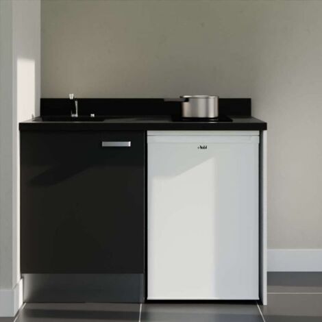 Kitchenette K08L - 120 cm - plan monobloc évier intégré Nero- évier à gauche - Façades Noir + Electroménager inclus coloris Blanc