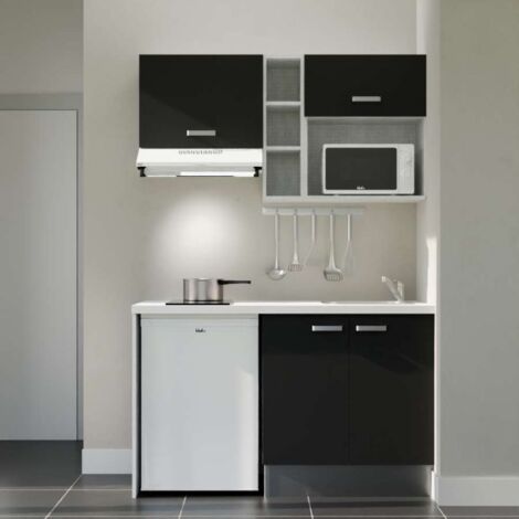 Kitchenette K13L-PT - 140 cm avec plan de travail et évier - Façade Noir - Plan Blanc - Crédences Non
