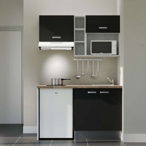 Kitchenette K13L-PT - 140 cm avec plan de travail et évier - Façade Noir - Plan Bois - Evier Inox - Crédences Non