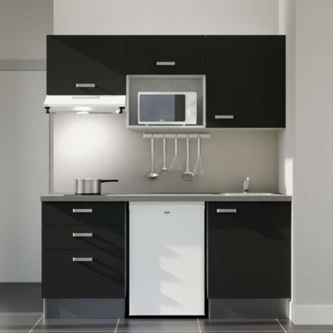 Kitchenette K20L-PT - 180 cm avec plan de travail et évier - Façade Noir - Plan Gris - Evier Inox - Crédences Non (1/4)