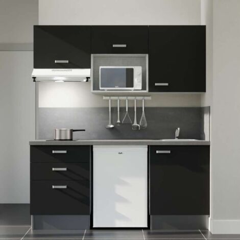 Kitchenette K20L-PT - 180 cm avec plan de travail et évier - Façade Noir - Plan Gris - Evier Inox - Crédences Oui