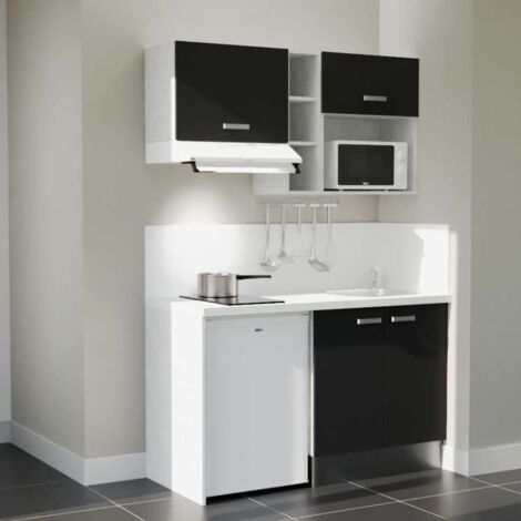 Kitchenette K13L-PT - 140 cm avec plan de travail et évier - Façade Noir - Plan Blanc - Crédences Oui