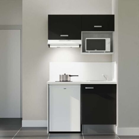 Kitchenette K02L-PT - 120 cm - plan stratifié, évier inox, - Façade Noir - Plan Blanc - Crédences Oui + Electroménager inclus coloris Blanc