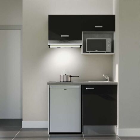 Kitchenette K02L-PT - 120 cm - plan stratifié, évier inox, - Façade Noir - Plan Gris béton - Evier Inox - Crédences Non + Electroménager inclus coloris Inox