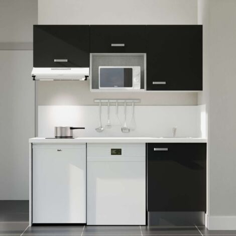 Kitchenette K55L-PT - 180 cm avec plan de travail et évier - Façade Noir - Plan Blanc - Crédences Oui