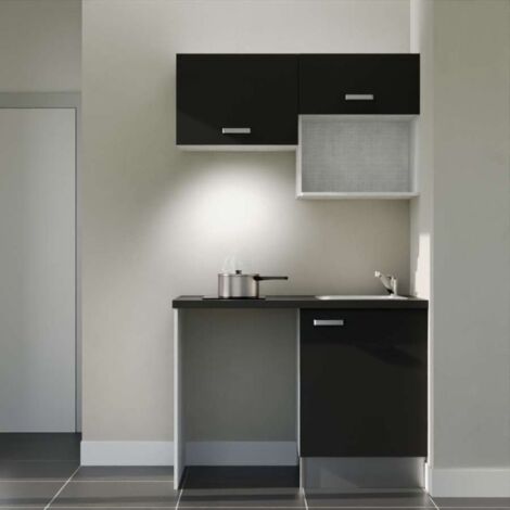 Kitchenette K02L-PT - 120 cm avec plan de travail et évier - emplacements frigo, hotte et micro-ondes - Façade Noir - Plan Noir texturé - Evier Inox - Crédences Non