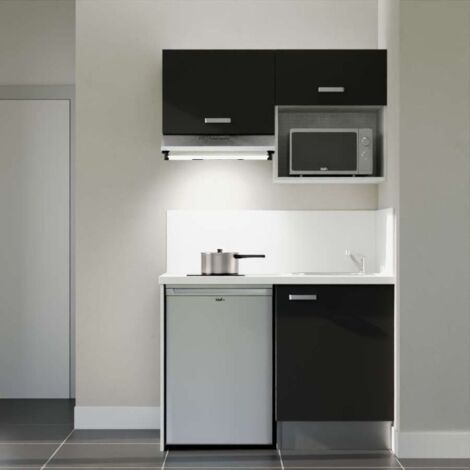 Kitchenette K02L-PT - 120 cm - plan stratifié, évier inox, - Façade Noir - Plan Blanc - Crédences Oui + Electroménager inclus coloris Inox