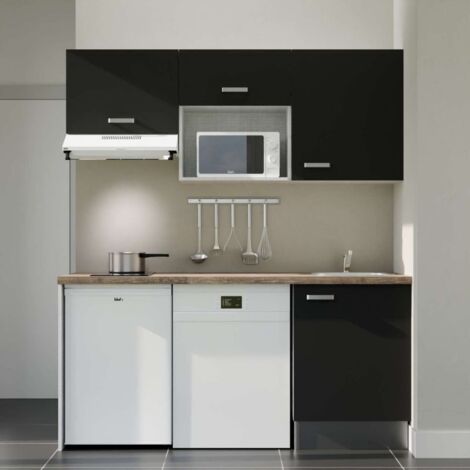 Kitchenette K55L-PT - 180 cm avec plan de travail et évier - Façade Noir - Plan Bois - Evier Inox - Crédences Non