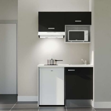 Kitchenette K02L-PT - 120 cm - plan stratifié, évier inox, - Façade Noir - Plan Blanc - Crédences Non + Electroménager inclus coloris Blanc