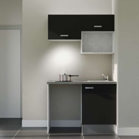 Kitchenette K02L-PT - 120 cm avec plan de travail et évier - emplacements frigo, hotte et micro-ondes - Façade Noir - Plan Gris béton - Evier Inox - Crédences Non