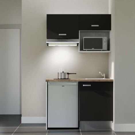 Kitchenette K02L-PT - 120 cm - plan stratifié, évier inox, - Façade Noir - Plan Bois - Evier Inox - Crédences Non + Electroménager inclus coloris Inox