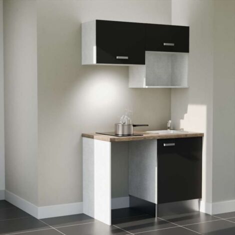 Kitchenette K02L-PT - 120 cm avec plan de travail et évier - emplacements frigo, hotte et micro-ondes - Façade Noir - Plan Bois - Evier Inox - Crédences Non