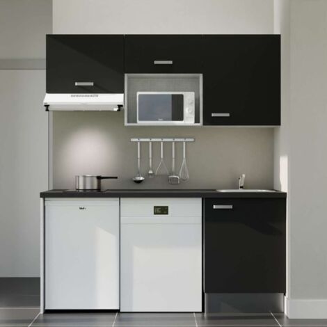 Kitchenette K55L-PT - 180 cm avec plan de travail et évier - Façade Noir - Plan Noir - Evier Inox - Crédences Non