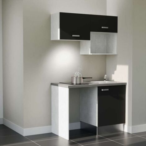 Kitchenette K02L-PT - 120 cm avec plan de travail et évier - emplacements frigo, hotte et micro-ondes - Façade Noir - Plan Gris béton - Evier Inox - Crédences Non
